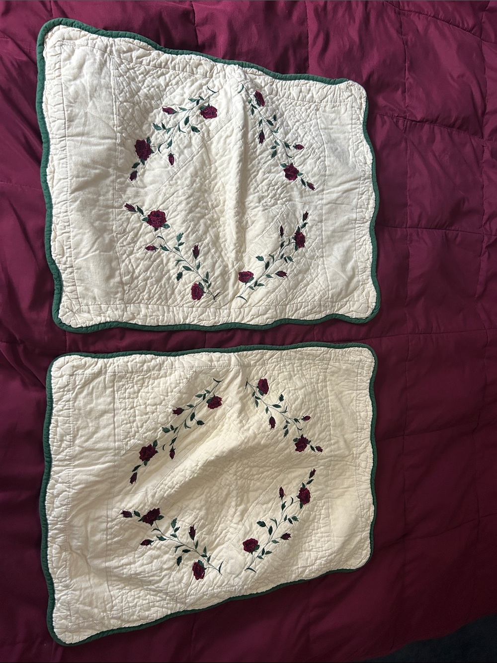 Embroidered Rose Quilted Pillow Sham Set - Cream with Burgundy & Green